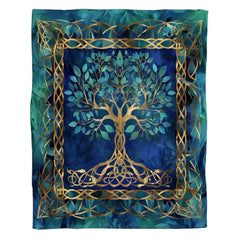 Detailed golden Celtic knotwork border framing the teal gold bedspread artwork over deep navy blue.