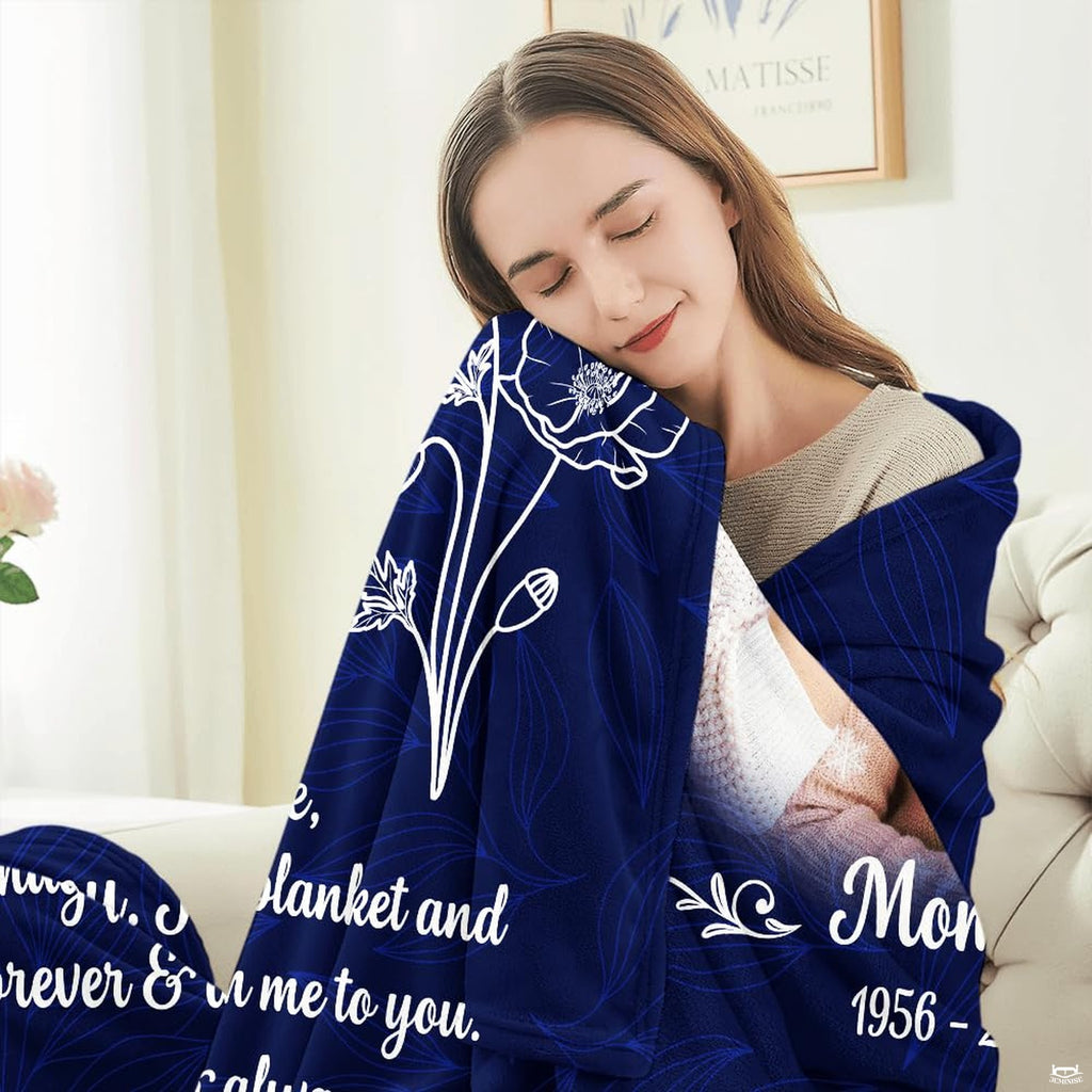 Size chart illustration demonstrating dimensions for floral memorial throw blankets
