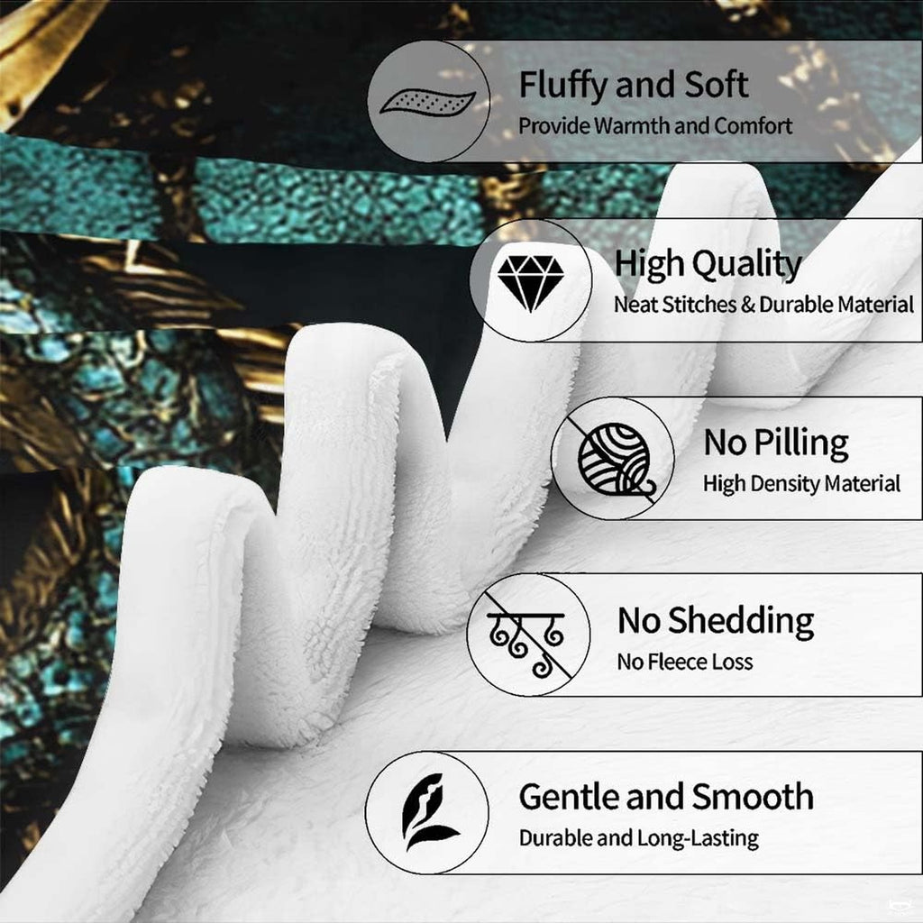 Graphic feature guide for the teal dragon throw blanket highlighting print clarity and vibrant color tones.