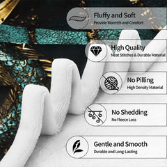 Graphic feature guide for the teal dragon throw blanket highlighting print clarity and vibrant color tones.