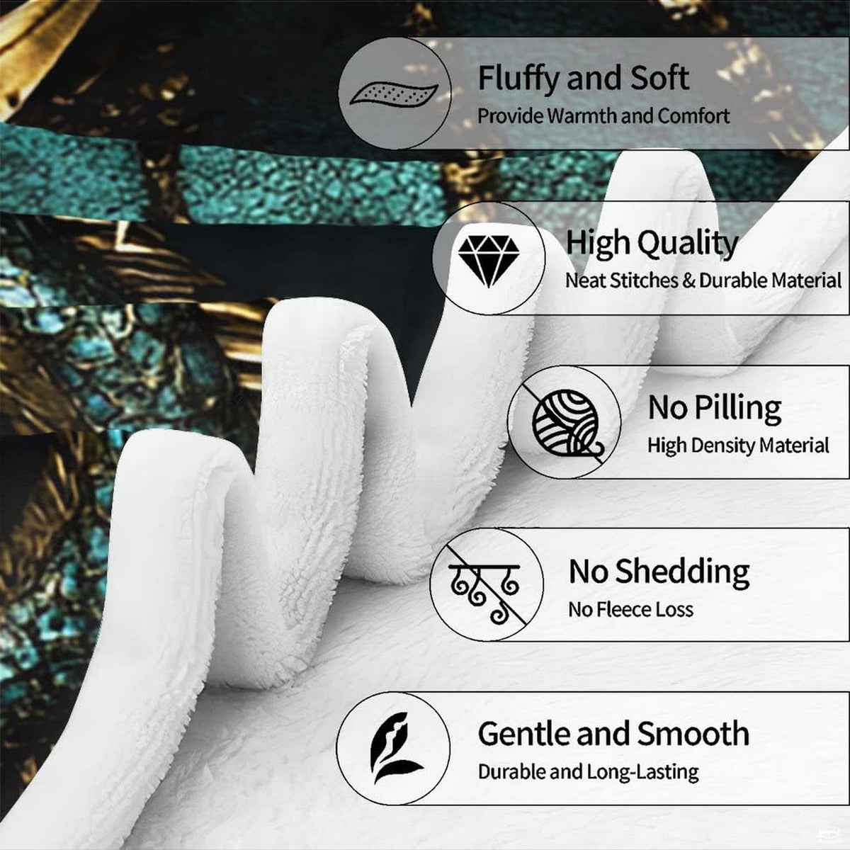 Graphic feature guide for the teal dragon throw blanket highlighting print clarity and vibrant color tones.