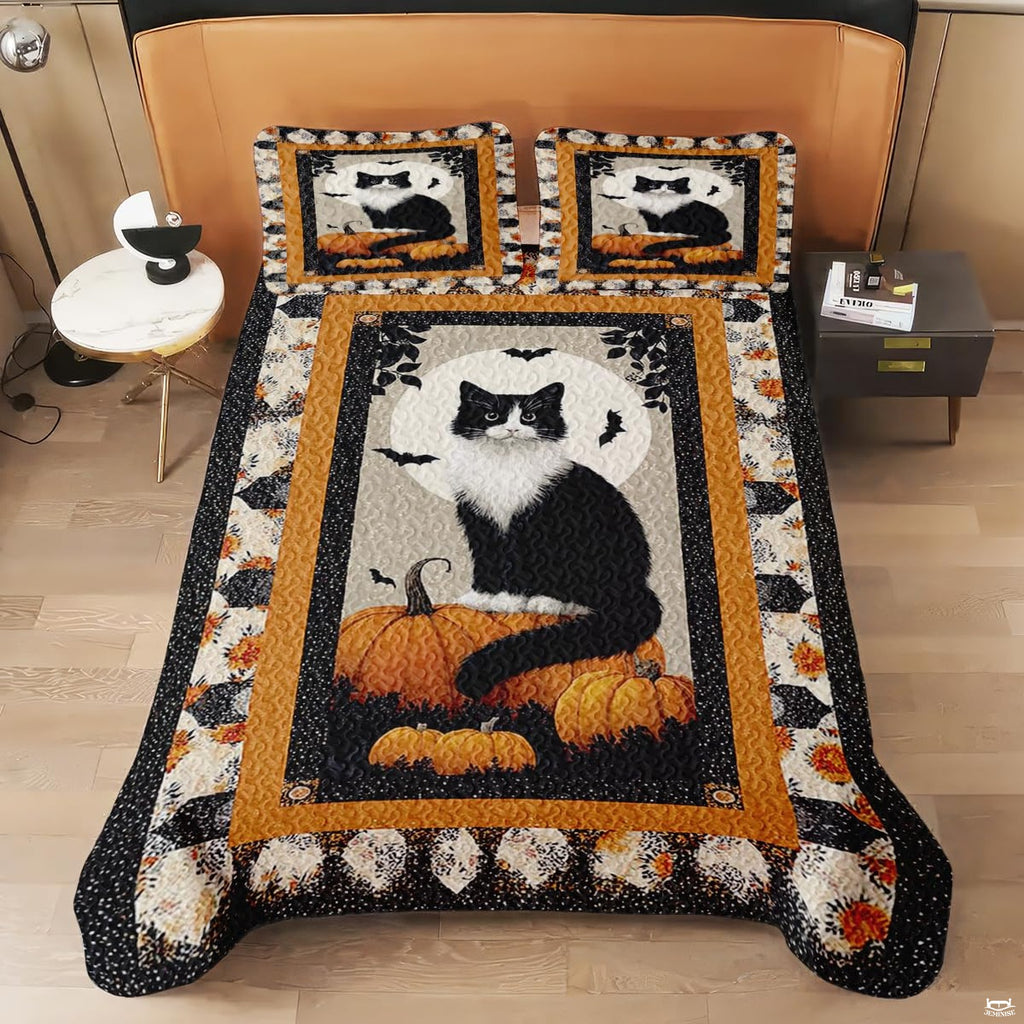 Side angle of black cat bedding set showing full print coverage and decorative harvest border tiles on bed.