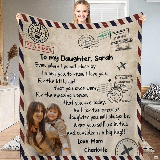 To my daughter airmail throw blanket featuring vintage postcard stamps and mother daughter portrait