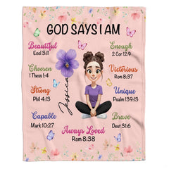 Bible verse affirmation blanket displayed across home sofa couch