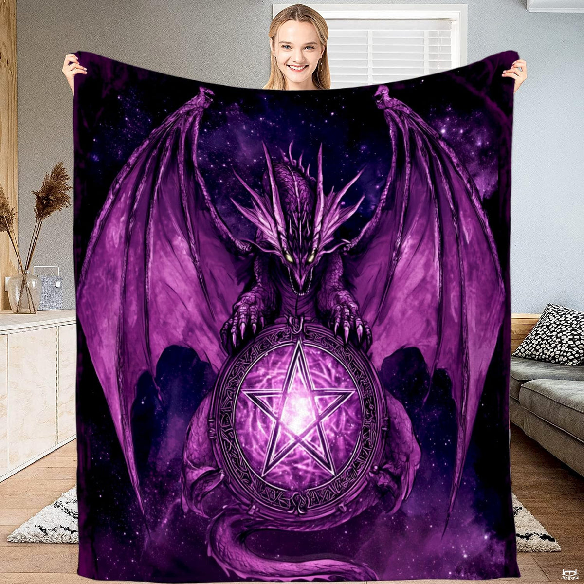Gothic dragon perched on glowing purple star orb bedding visual