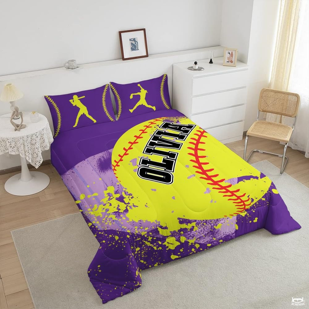 Decorative Softball Bedding Set – Bright Teal Yellow Sports Comforter for Girls and Women, Cozy Softball Fan Bedroom Set in Twin, Queen, King Sizes