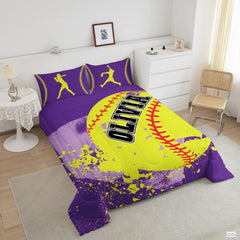 Decorative Softball Bedding Set – Bright Teal Yellow Sports Comforter for Girls and Women, Cozy Softball Fan Bedroom Set in Twin, Queen, King Sizes