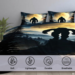 High-angle view of bigfoot graphic bedding showing rich midnight obsidian, gold, and slate tones across bed.