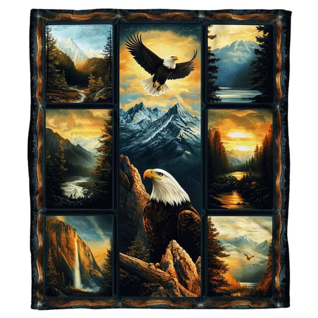 Bald eagle mountain landscape throw blanket view 2 highlighting alpine peaks, waterfalls, and pine trees