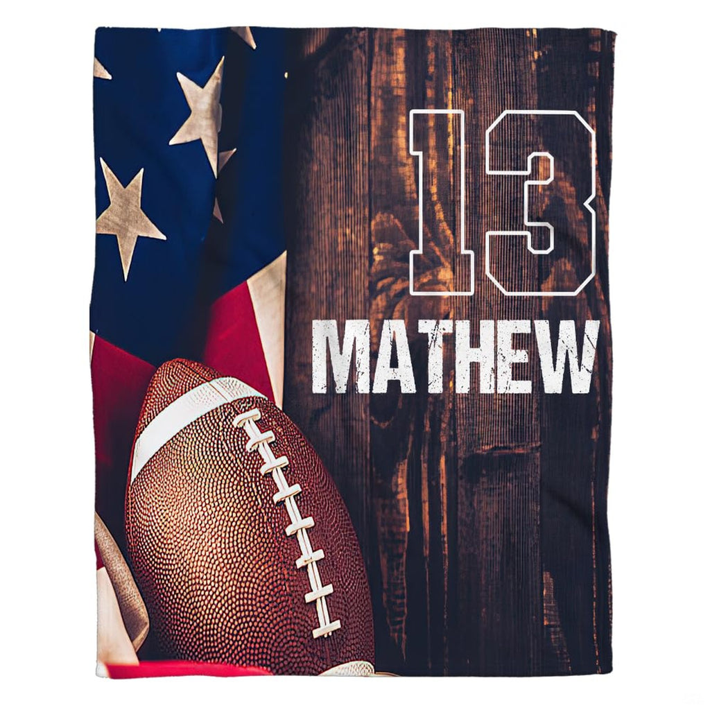 Football sports bedroom bedding artwork showing football laces against rustic wood planks and American flag.