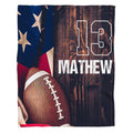 Football sports bedroom bedding artwork showing football laces against rustic wood planks and American flag.