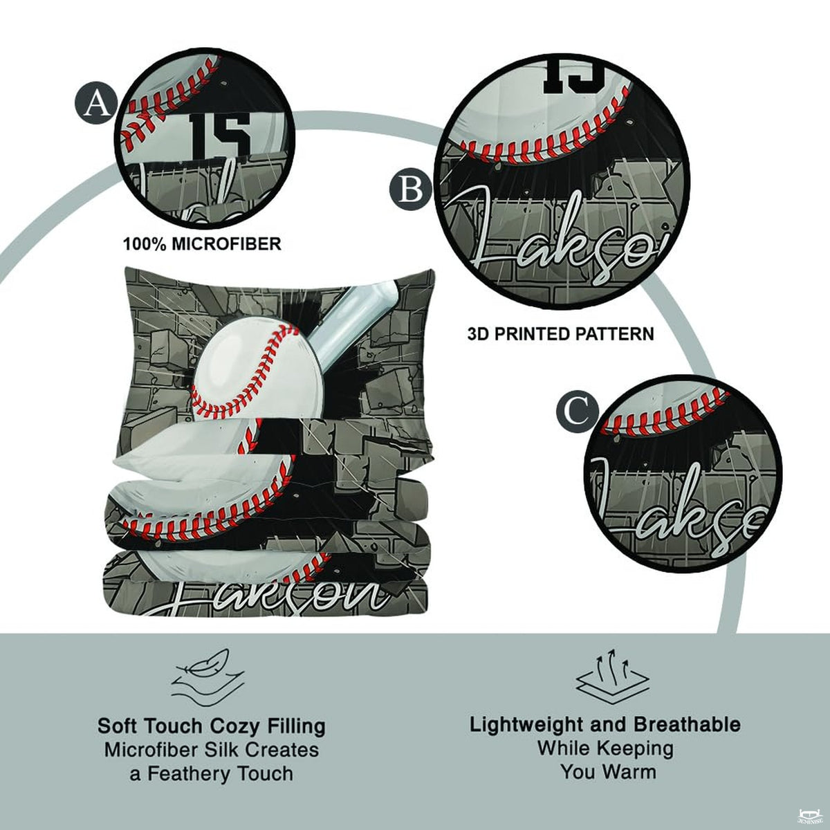 Overhead perspective of sage baseball bedding arranged neatly across an athletic bedroom mattress