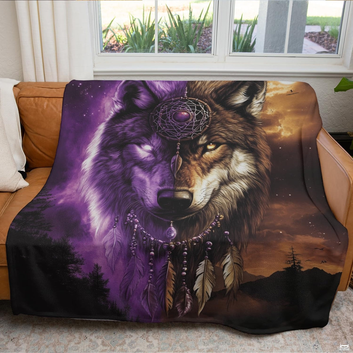 Bedroom lifestyle setting showcasing the spiritual wolf fantasy throw blanket styled on a bed.