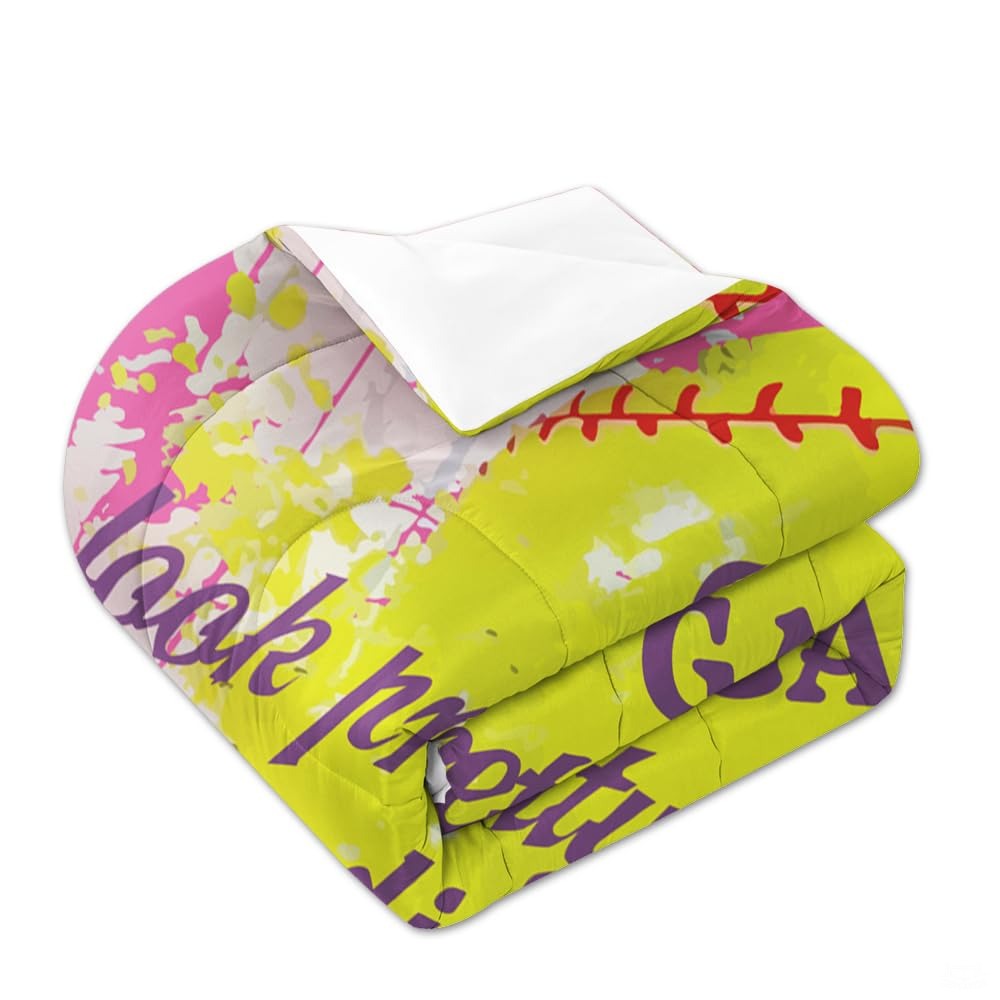 Softball Bedroom Decor Bedding Set – Vibrant Teal Yellow Sports Theme Comforter for Girls, Teens, Women Who Love Softball, Twin/Queen/King Size Options