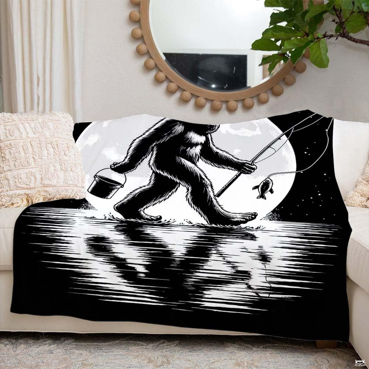Monochrome illustration of Bigfoot fishing with rod and bucket under full moon on reflective lake, view 4.