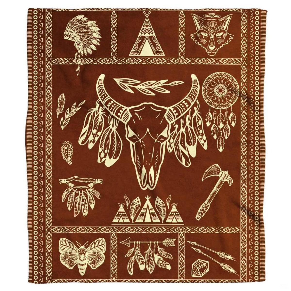 Southwestern steer skull with feathers, dreamcatchers, and geometric tribal borders, view 2.