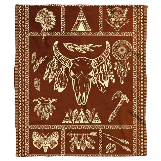 Southwestern steer skull with feathers, dreamcatchers, and geometric tribal borders, view 2.