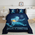 Neon wireframe football bedding featuring a glowing cyan polygonal player sprinting with a golden football
