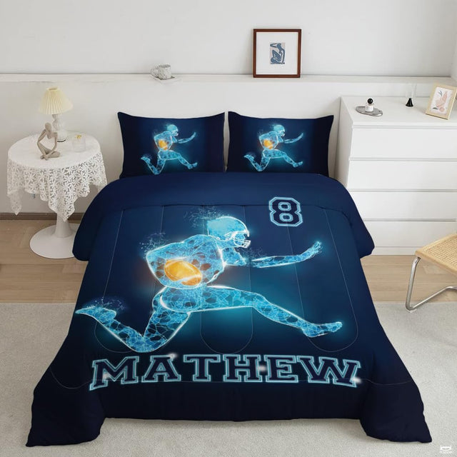 Neon wireframe football bedding featuring a glowing cyan polygonal player sprinting with a golden football
