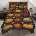 Autumn harvest pumpkin bedding set featuring rustic orange and olive pumpkins with starry thematic accent on dark woodgrain.