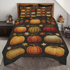 Autumn harvest pumpkin bedding set featuring rustic orange and olive pumpkins with starry thematic accent on dark woodgrain.