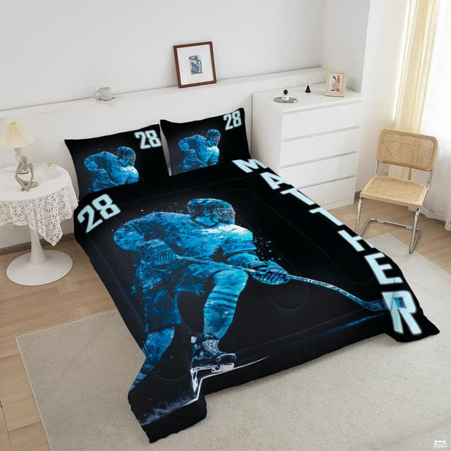 Close-up perspective of hockey bedding highlighting goalie silhouette, ice spray effects, and equipment graphics