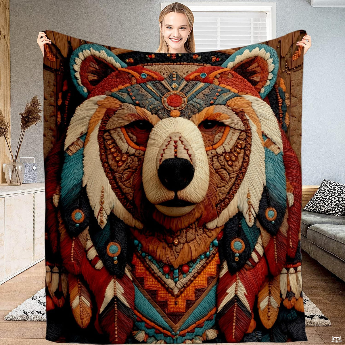 Tribal grizzly bear southwestern throw blanket featuring bear portrait with turquoise beads and feathers