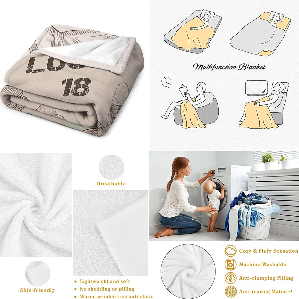 Product overview graphic illustrating everyday home and travel uses for the sports throw blanket