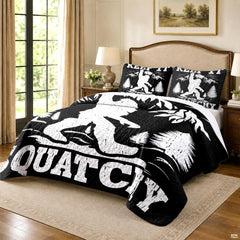 Close view of high-contrast Sasquatch and pine tree typography design.