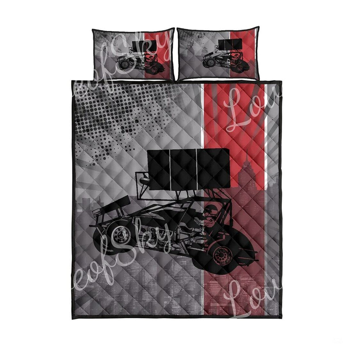 Matching pillowcase detail for sprint car bedding set showing coordinating red and grey race car graphic print