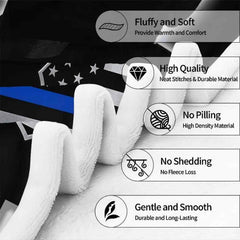 Top-thematic accent view of saluting thematic accent officer and thin blue line badge design on bedding.