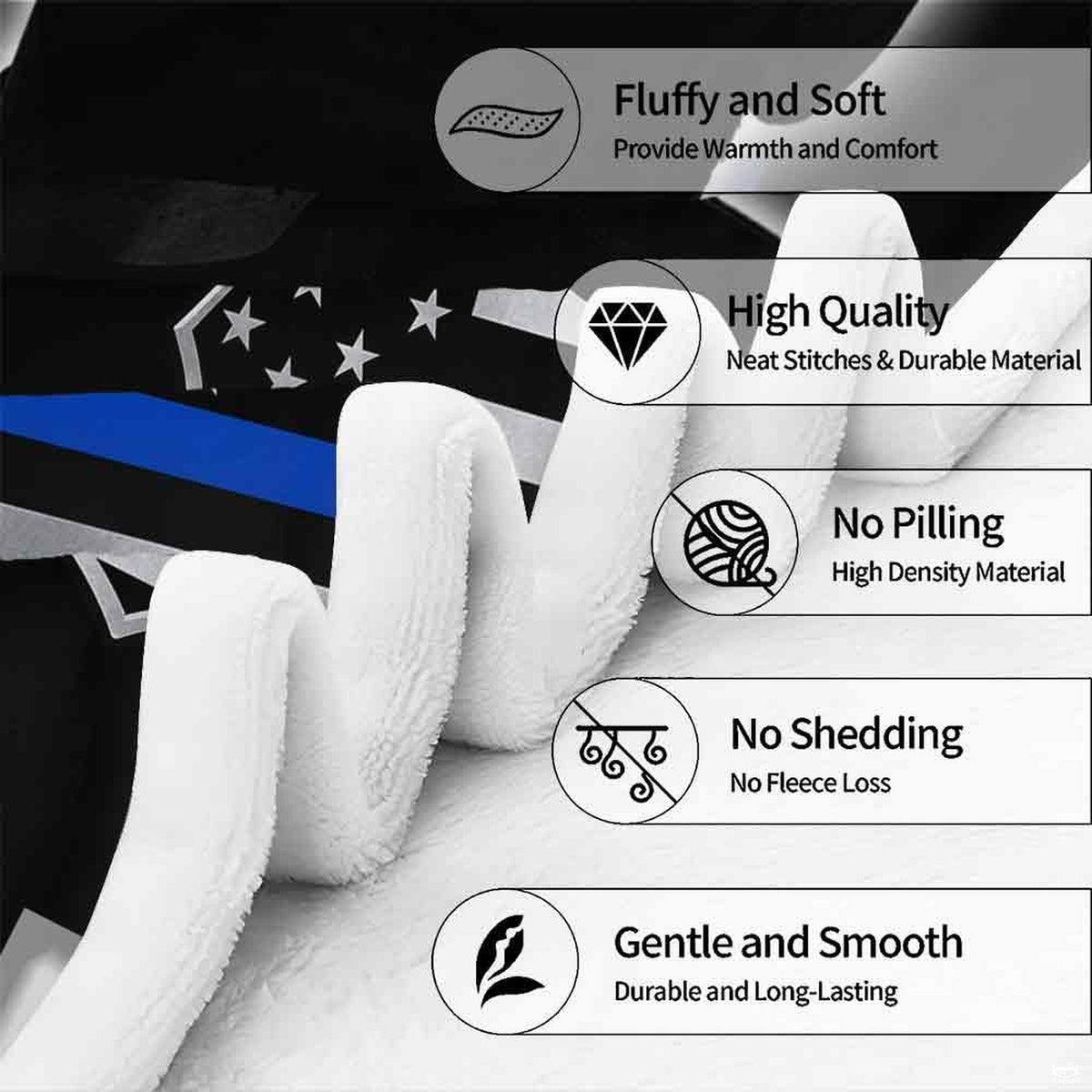 Top-thematic accent view of saluting thematic accent officer and thin blue line badge design on bedding.