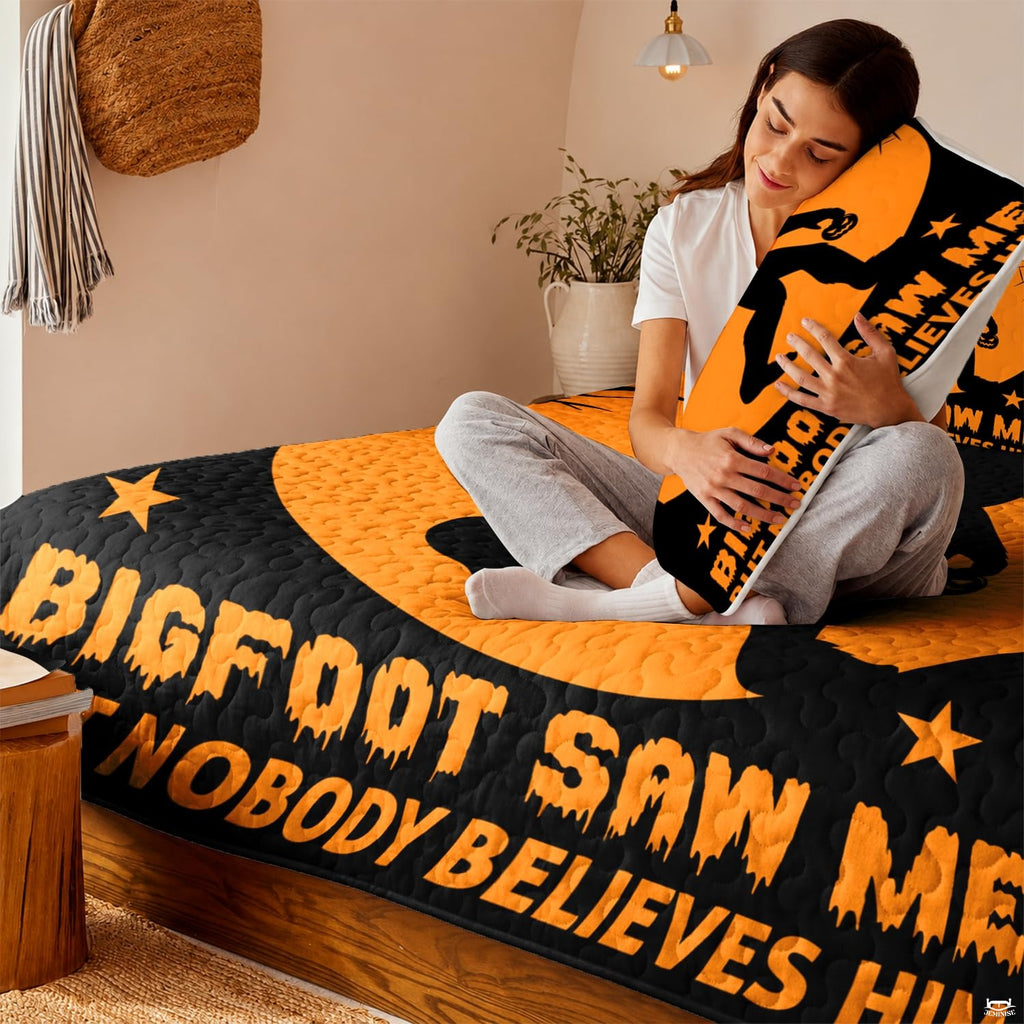 Nighttime bedroom atmosphere featuring glowing thematic accent moon and thematic accent silhouette motif bedding set.