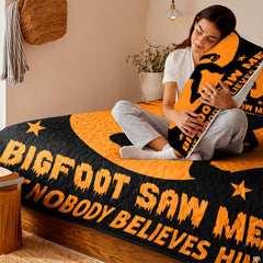 Nighttime bedroom atmosphere featuring glowing thematic accent moon and thematic accent silhouette motif bedding set.