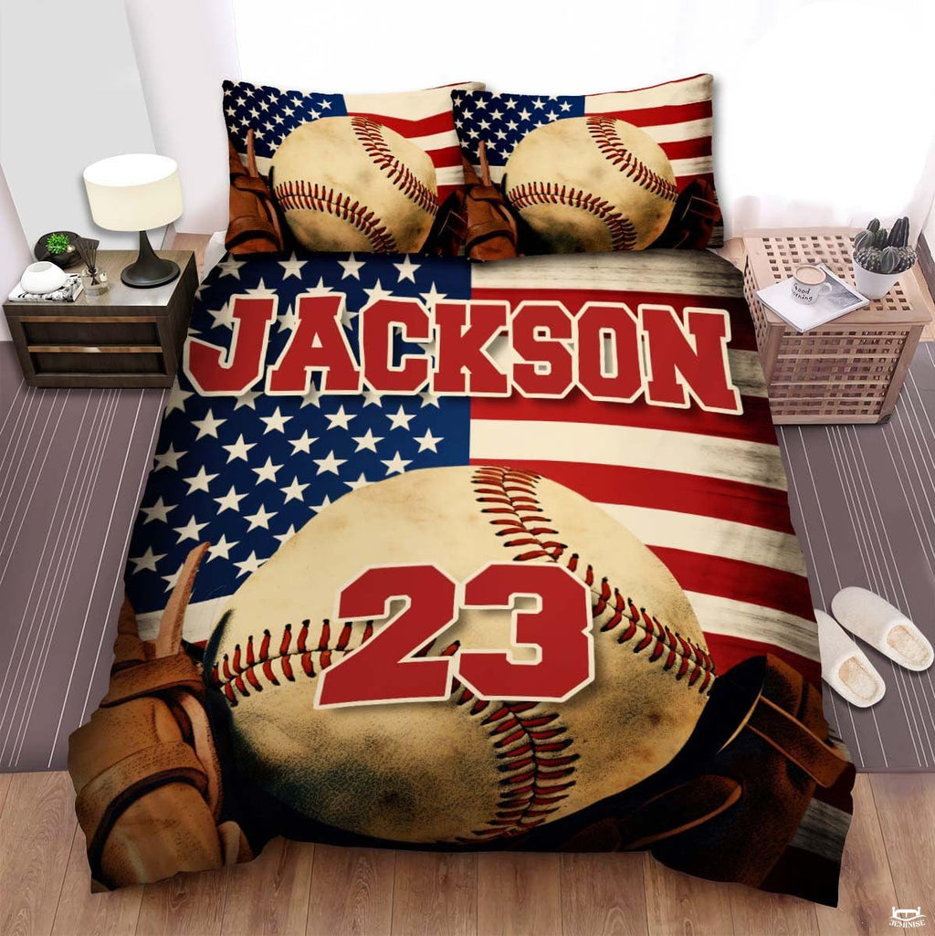 Personalized Baseball Bedding Full Size Flag Custom Name Duvet Cover Set Sport Decor Sports Comforter Bed Set (Baseball Flag Vintage)