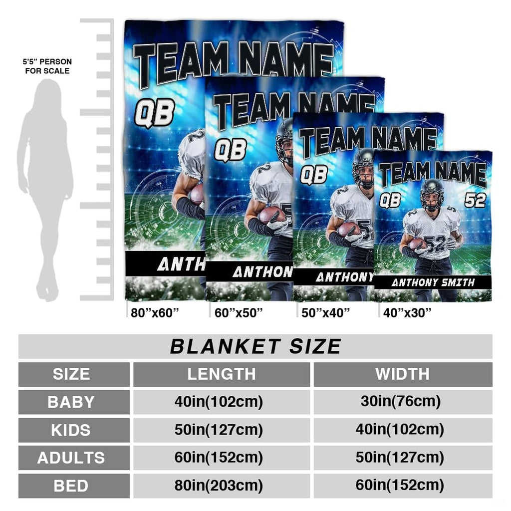 Quarterback football throw blanket view 4 highlighting athletic runner, green field turf, and stadium floodlights