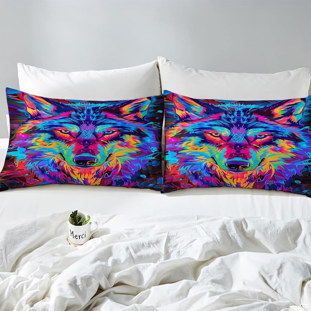 Close pillows with symmetrical neon wolf portrait and amber-yellow eyes