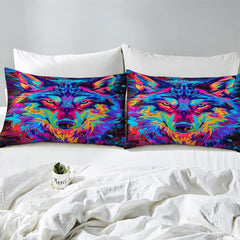 Close pillows with symmetrical neon wolf portrait and amber-yellow eyes