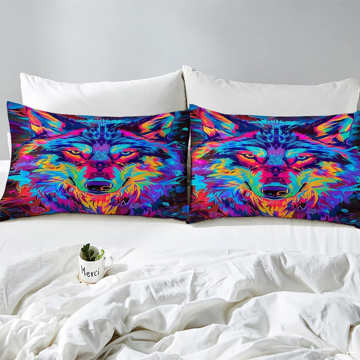 Close pillows with symmetrical neon wolf portrait and amber-yellow eyes