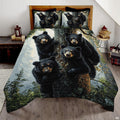 Black bear family resting on tree trunk amidst pine trees on bedding set.