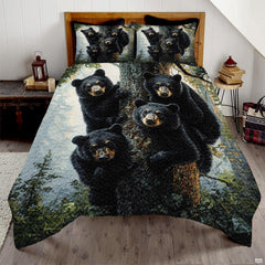 Black bear family resting on tree trunk amidst pine trees on bedding set.