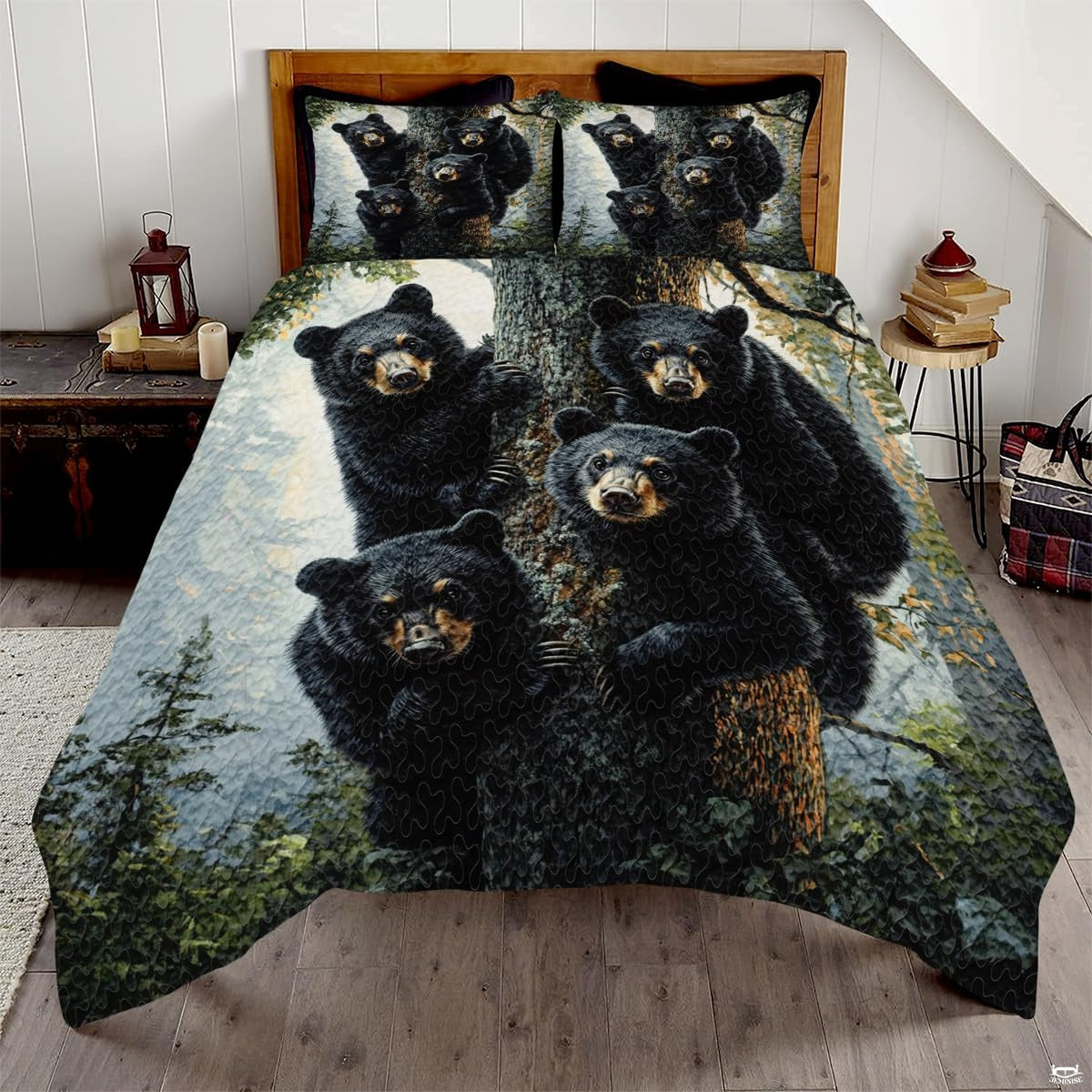 Black bear family resting on tree trunk amidst pine trees on bedding set.