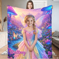 Fairy princess blanket flat display showing winged girl portrait among giant glowing mushrooms and butterflies.