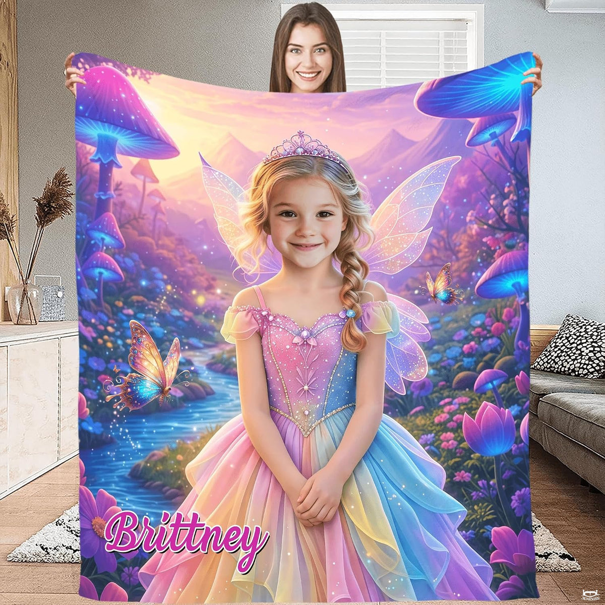 Fairy princess blanket flat display showing winged girl portrait among giant glowing mushrooms and butterflies.