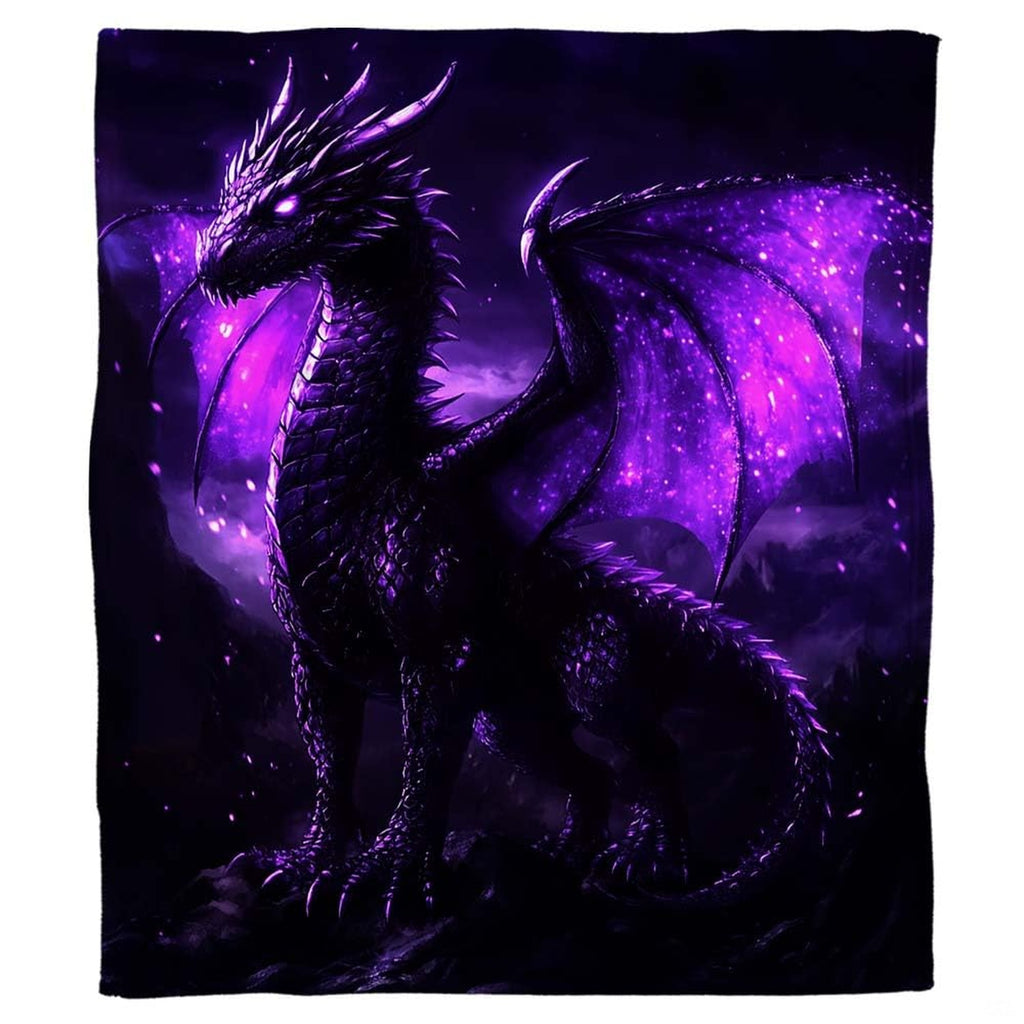 Purple galaxy dragon throw blanket displaying a horned dragon perched on rocks against starry cosmic wings.