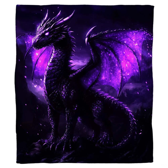 Purple galaxy dragon throw blanket displaying a horned dragon perched on rocks against starry cosmic wings.