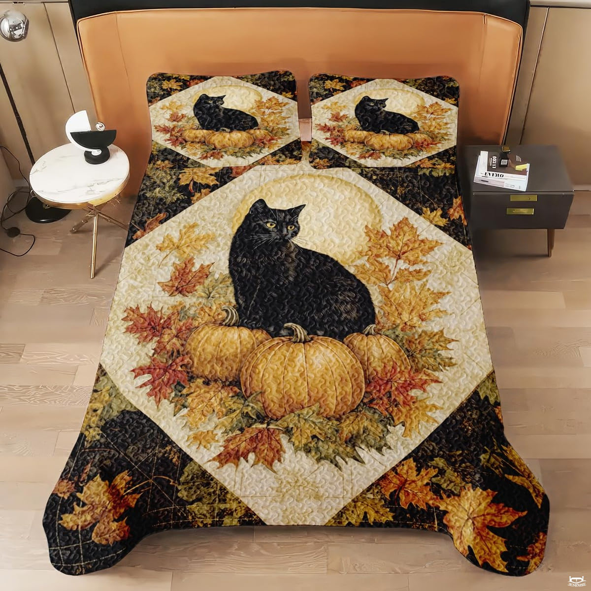 Detail view of rustic pumpkin bedding set highlighting crisp botanical linework and deep espresso graphic contours.