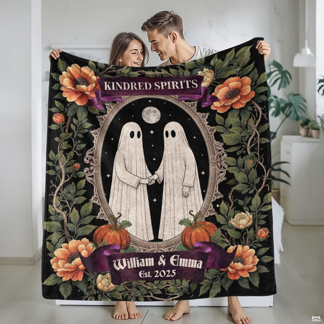 Gothic ghost couple throw blanket view 2 highlighting floral vines, pumpkins, and spooky romance design