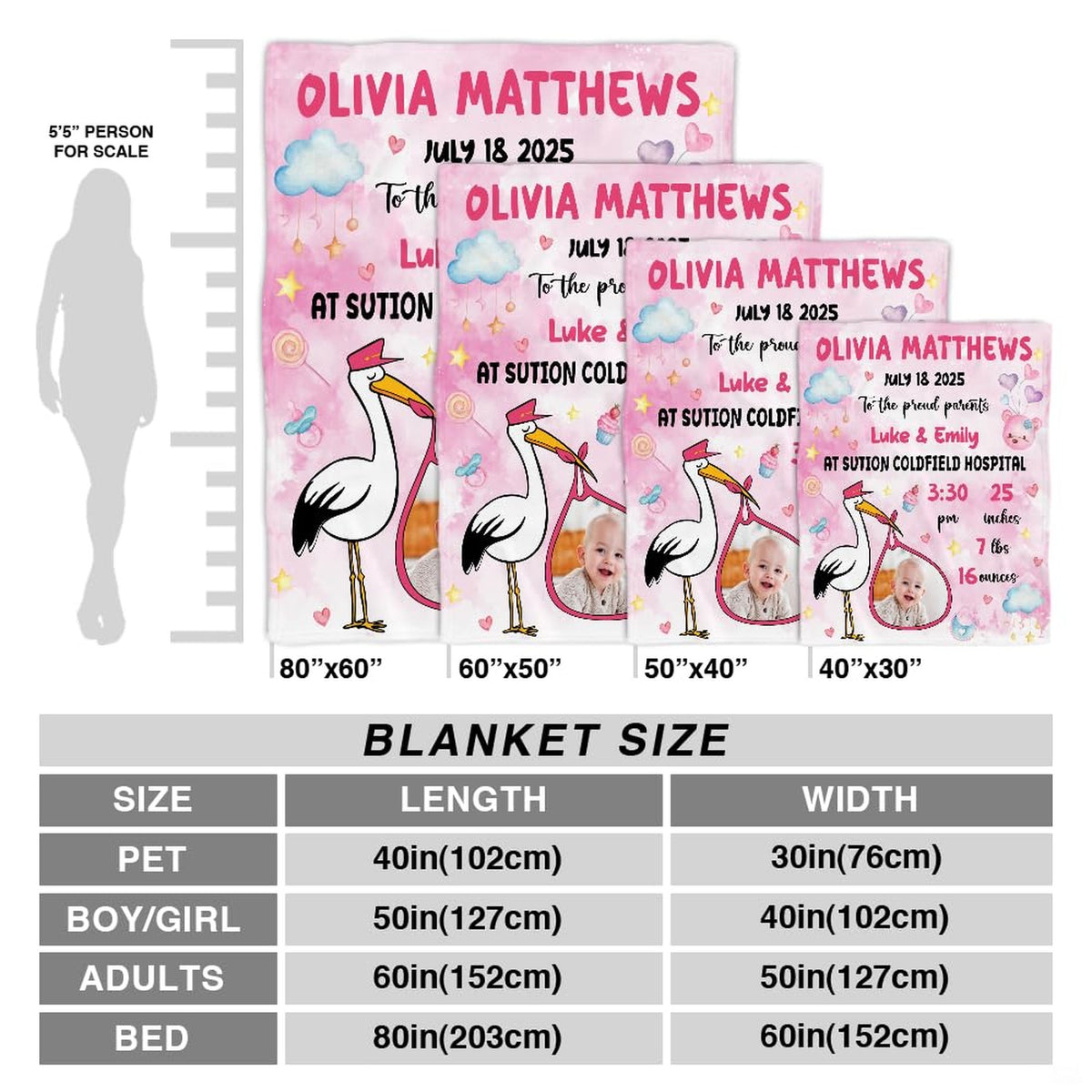 Scale diagram illustrating multiple dimension options for the watercolor stork nursery milestone blanket.
