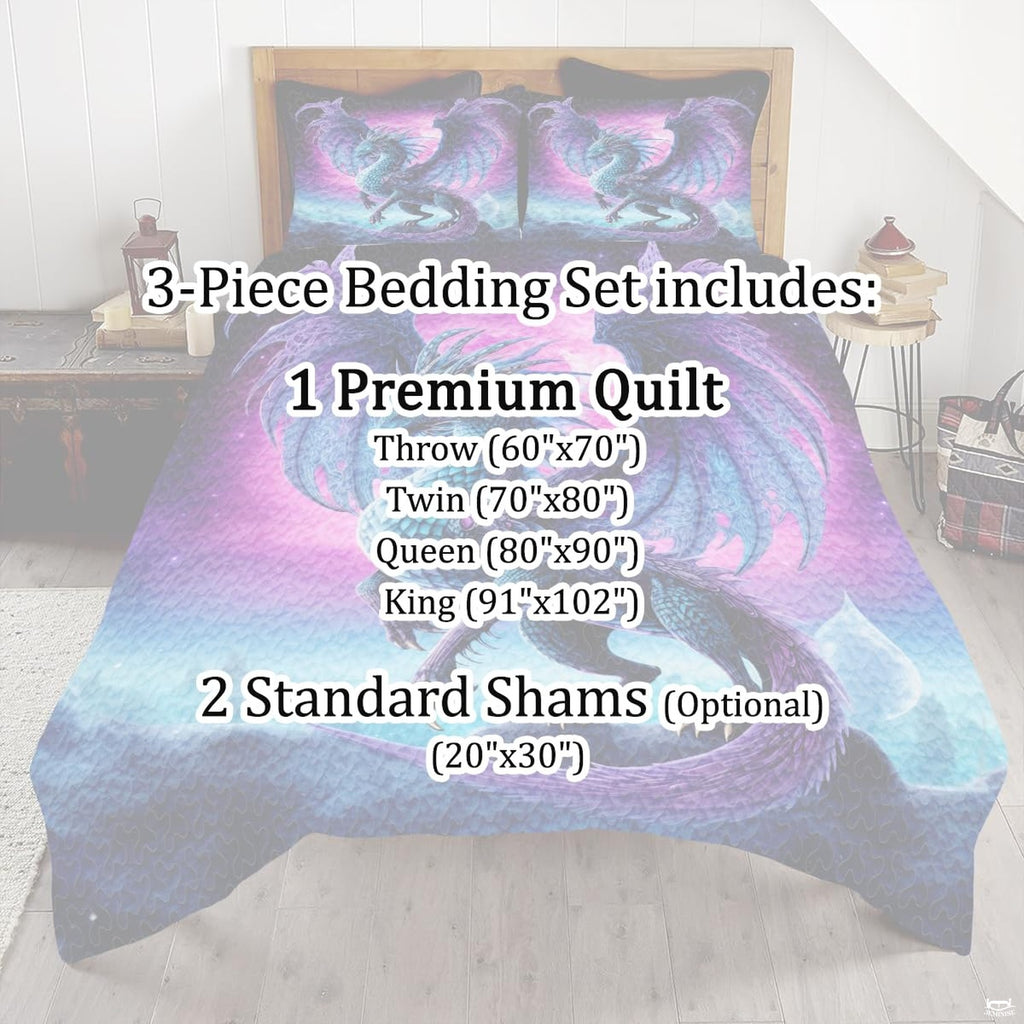 Dragon bedding mockup with a cyan dragon and glowing purple-blue sky